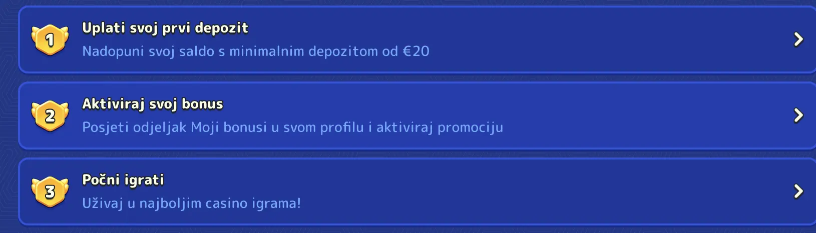 Kako aktivirati bonus: Uplati depozit, aktiviraj promociju i počni igrati Tri koraka za aktivaciju casino bonusa – uplata, aktivacija i igranje